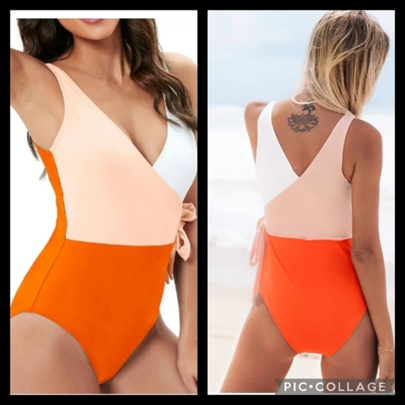 Orange,tan and white one piece swimsuit - Picture 2 of 6